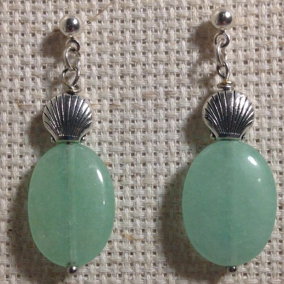 Pewter Sea Shell and Natural Green Stone Handmade Earrings - Picture 3 of 6